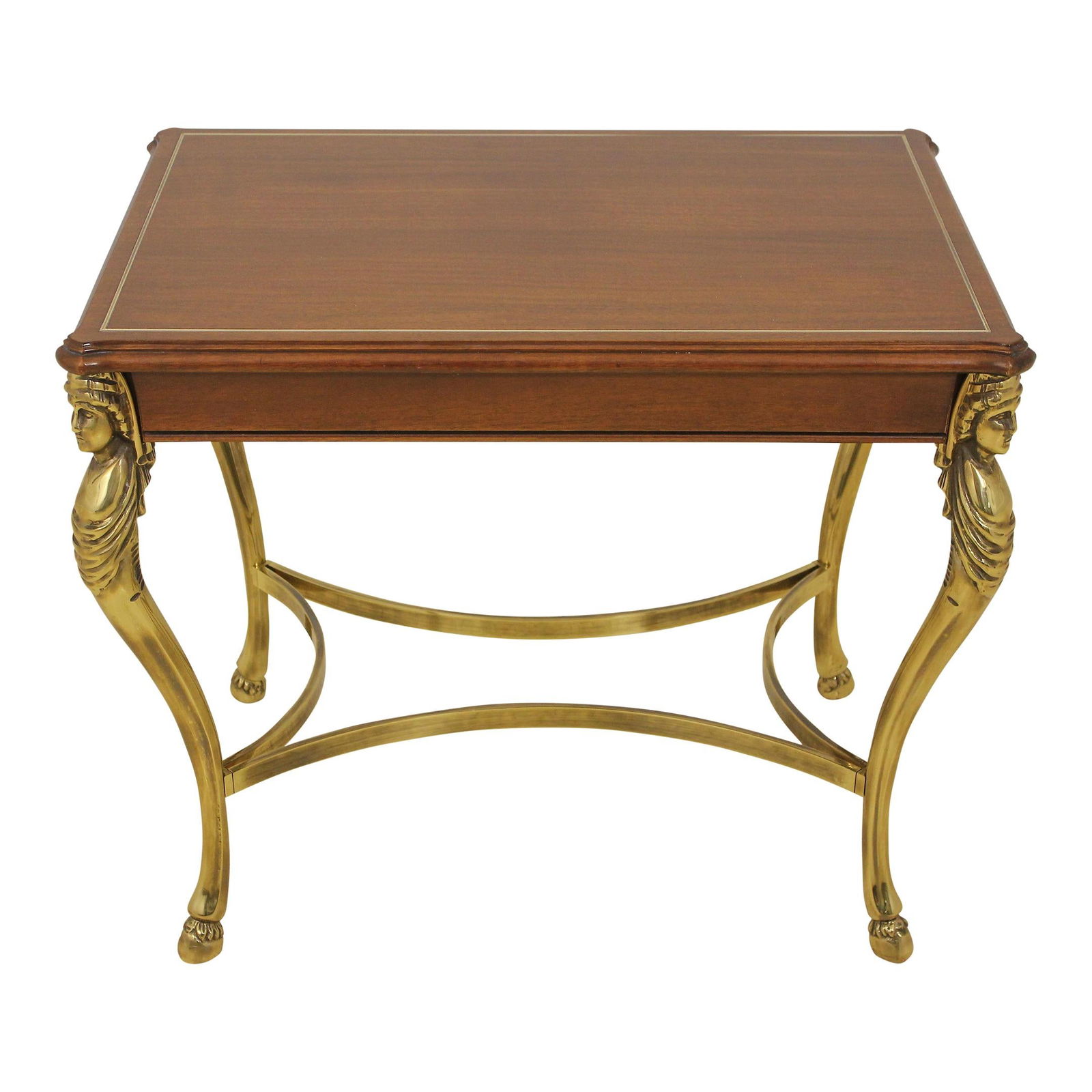 Karges Neoclassical Cocktail Table Solid Brass Base Mahogany Top: Karges Neoclassical Cocktail Table Solid Brass Base Mahogany Top This exquisite cocktail occasional table features a neoclassical design with a heavy solid brass base, beautifully adorned with a femal