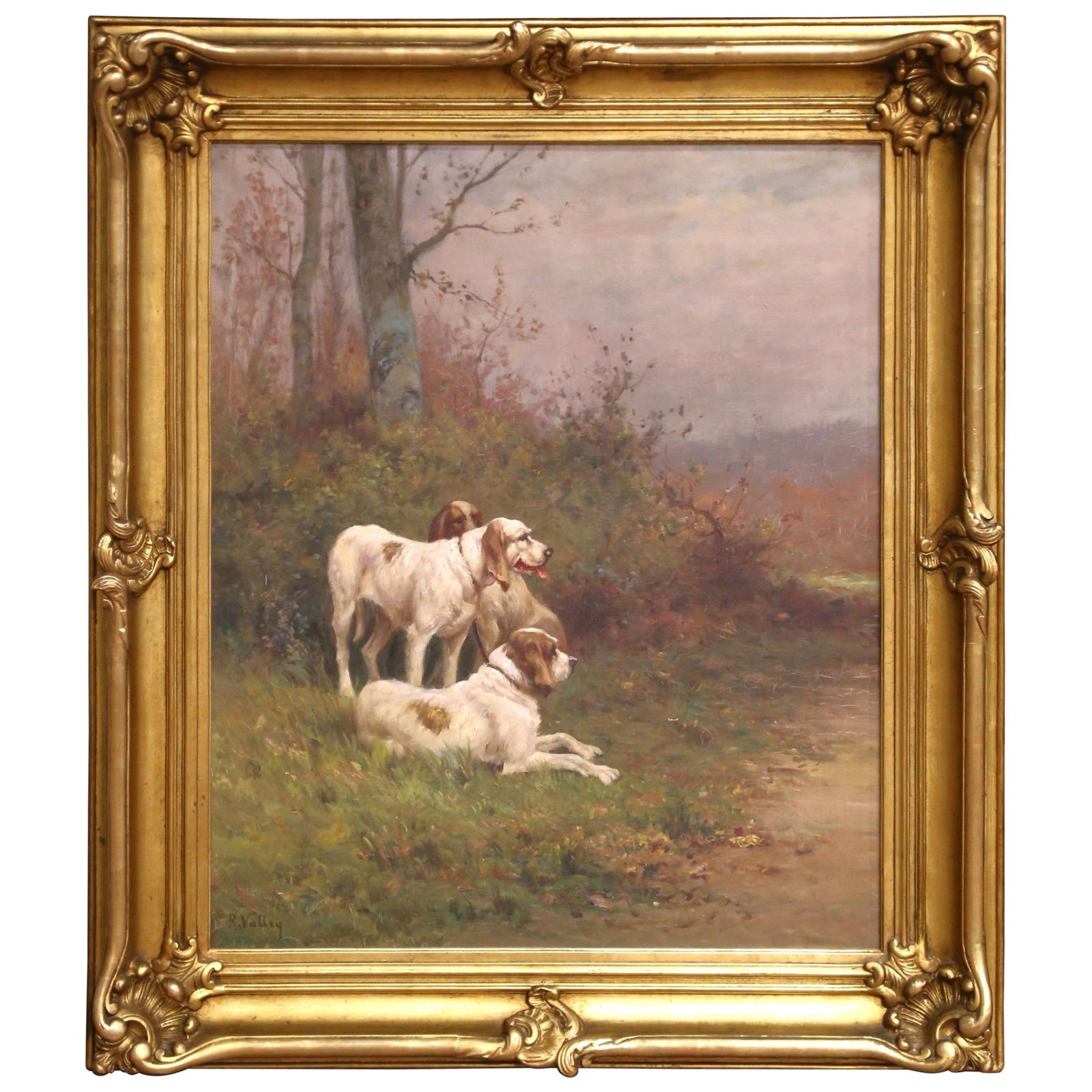 19th Century English Oil Painting Hunting Dogs by R. Valley Gilt Frame: 19th Century English Oil Painting Hunting Dogs by R. Valley Gilt Frame Enhance your study or office with this distinguished antique oil on canvas from late 19th century England, circa 1890. The artwor