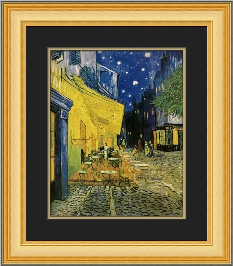 Vincent Van Gogh A Sidewalk Cafe at Night Custom Framed Print 20x19: Vincent Van Gogh A Sidewalk Cafe at Night Custom Framed Print 20x19 This exquisite custom framed print features Vincent van Gogh's iconic artwork, "A Sidewalk Cafe at Night." The print captures the es