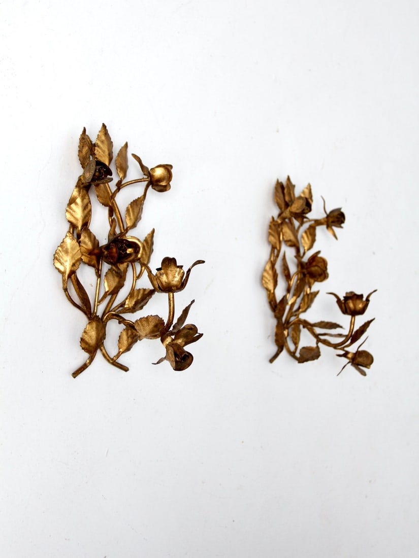 Vintage Gilded Candle Sconces Pair with Foliage Design (1 of 12)