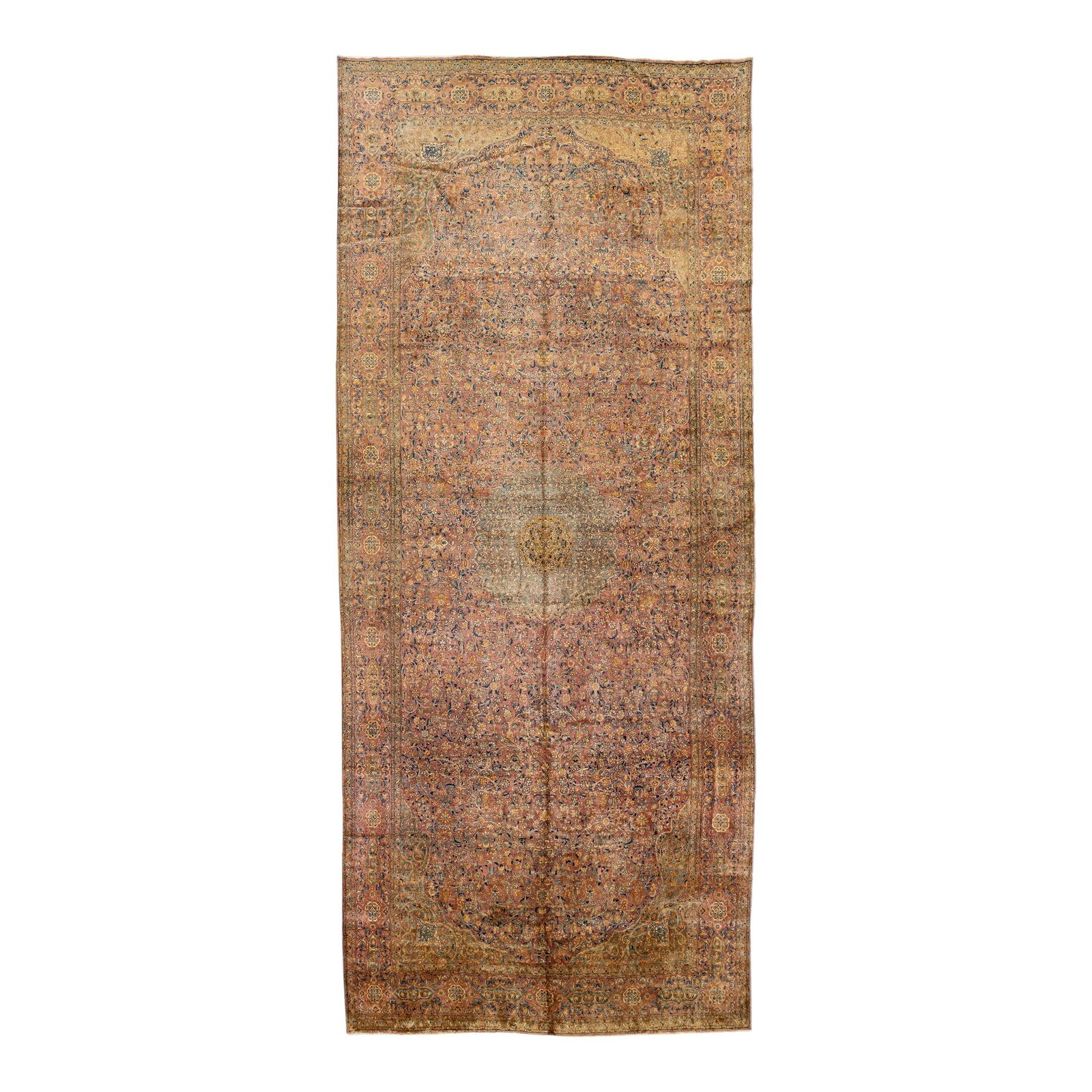 Antique Kerman Handmade Wool Rug Red-Rust Floral Design 8'1 x 21'2: Antique Kerman Handmade Wool Rug Red-Rust Floral Design 8'1 x 21'2 This exquisite antique Kerman rug features a rich red-rust field adorned with a stunning all-over medallion floral design in multiple
