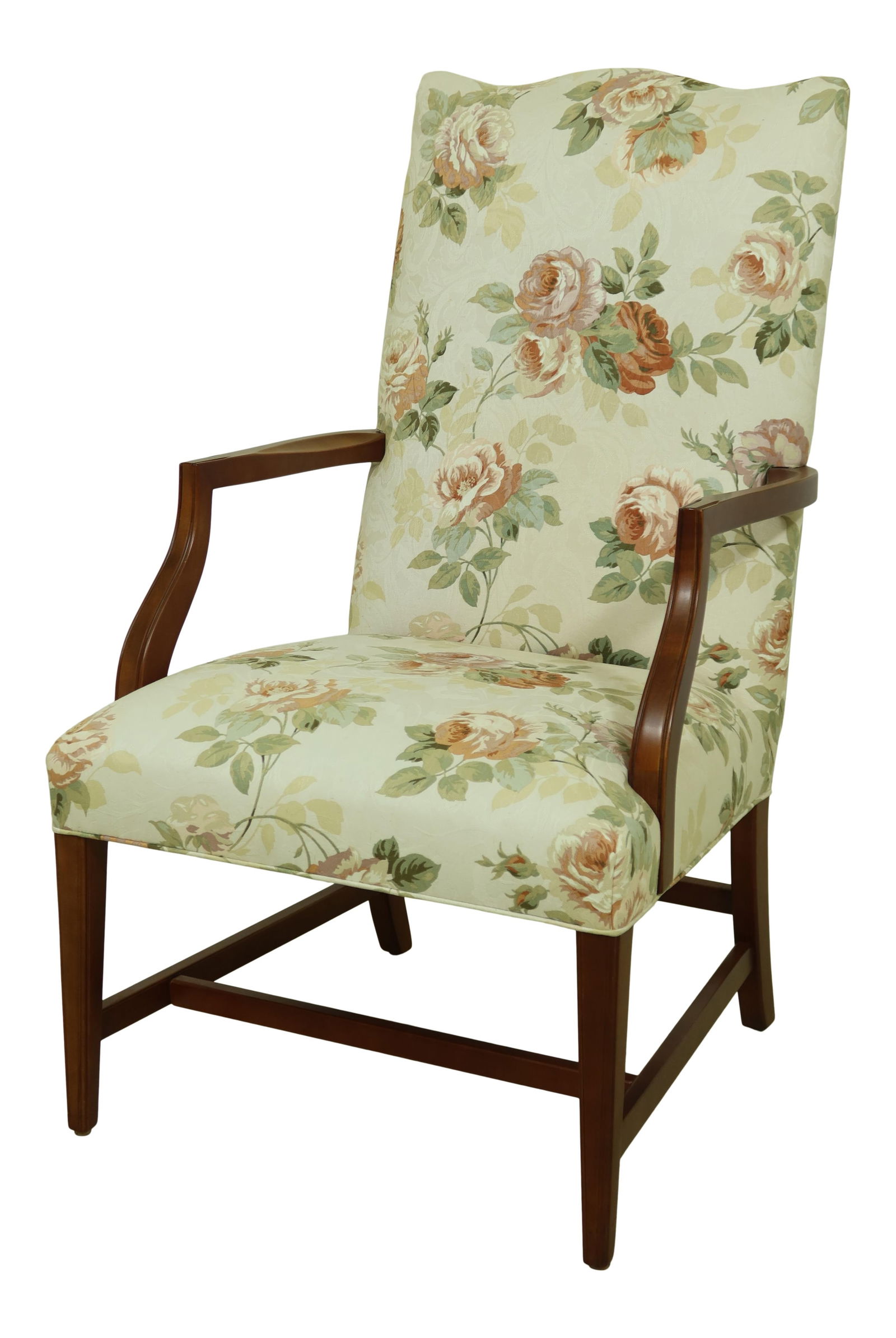 Ethan Allen 18th Century Floral Upholstered Armchair in Brown: Ethan Allen 18th Century Floral Upholstered Armchair in Brown This Ethan Allen Floral Upholstered Open Armchair combines high-quality construction with timeless design, showcasing a beautiful floral u