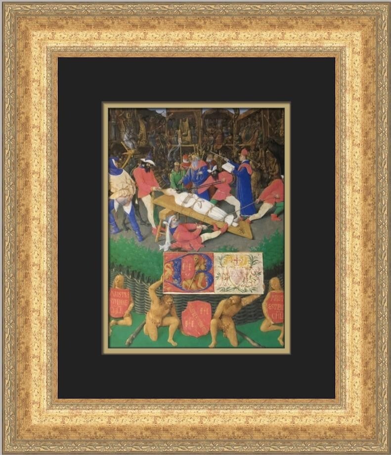 Jean Fouquet Martyrdom of Saint Apollonia Custom Framed Art Print: Jean Fouquet Martyrdom of Saint Apollonia Custom Framed Art Print This exquisite custom framed print titled "Martyrdom of Saint Apollonia" by artist Jean Fouquet showcases a blend of Expressionism, Im