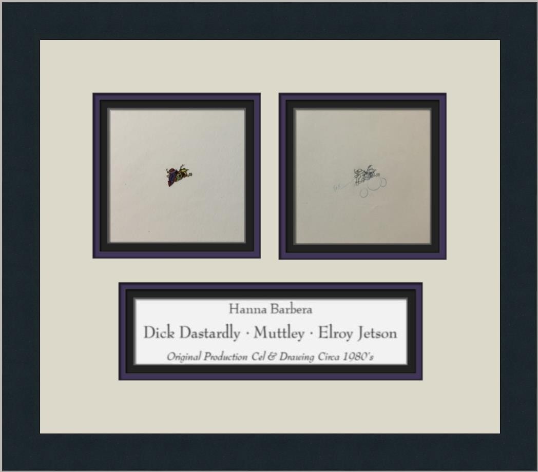 Hanna-Barbera Animation Cel Dick Dastardly Muttley Elroy Custom Framed 15x15: Hanna-Barbera Animation Cel Dick Dastardly Muttley Elroy Custom Framed 15x15 Presenting a stunning piece of animation art featuring Dick Dastardly, Muttley, and Elroy Jetson, this hand-painted product