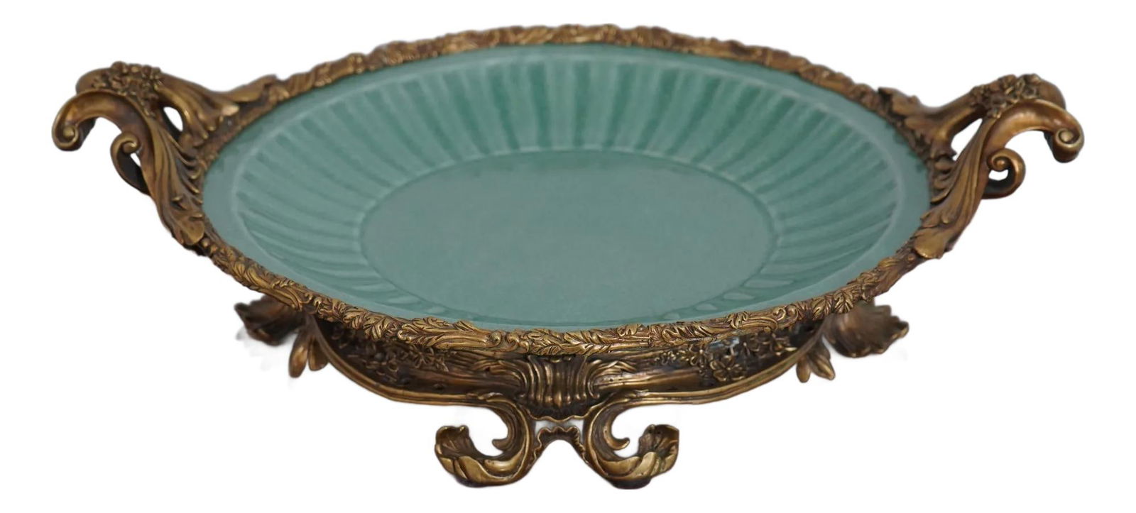 French Style Center Bowl with Bronze Trim and Green Crackle Porcelain (1 of 10)