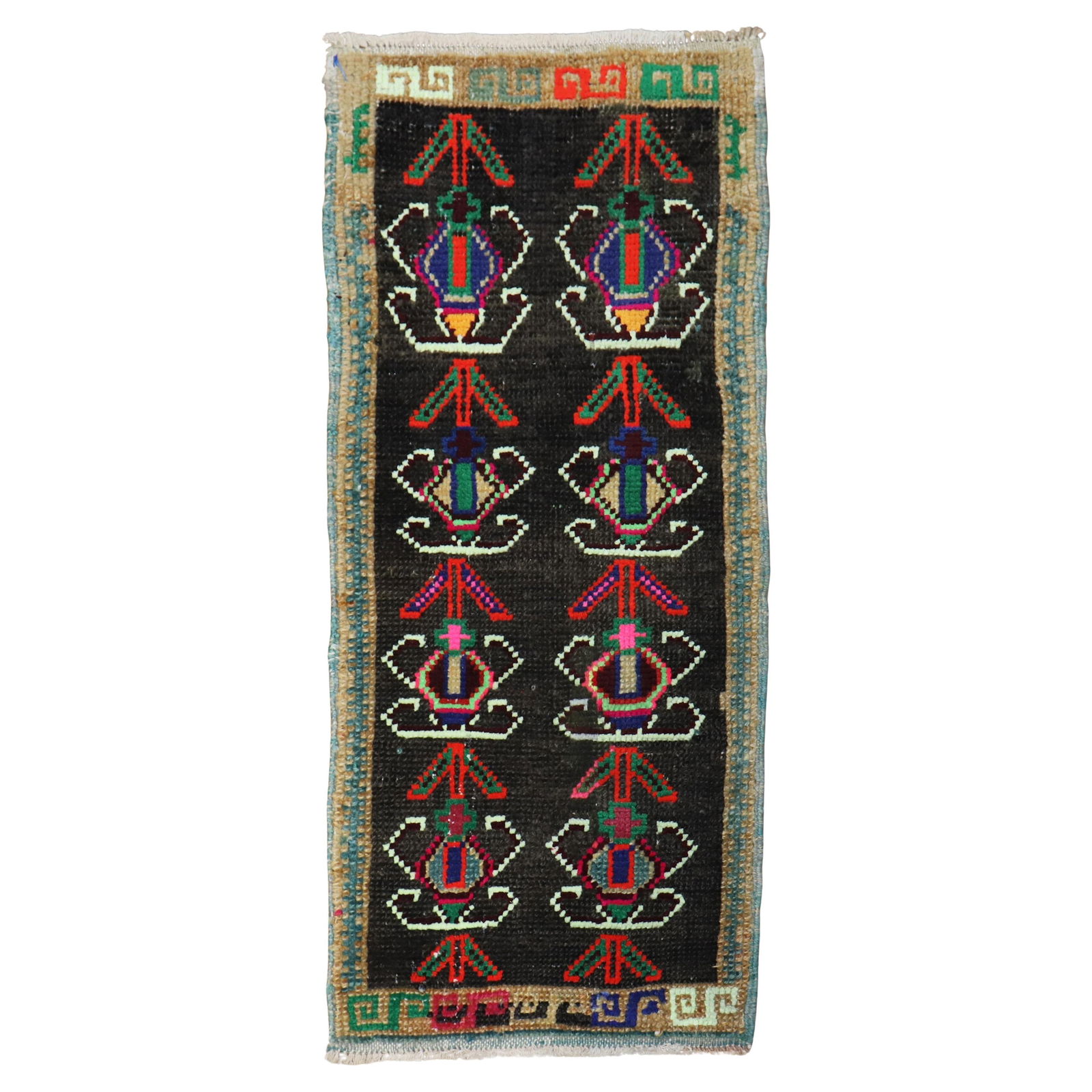 Vintage Mini Turkish Rug Black Forest Wool Hand-Knotted 15 x 33: Vintage Mini Turkish Rug Black Forest Wool Hand-Knotted 15 x 33 Discover the beauty of this vintage Anatolian Turkish mini rug from the Zabihi Collection, featuring a charming Black Forest style. Craf