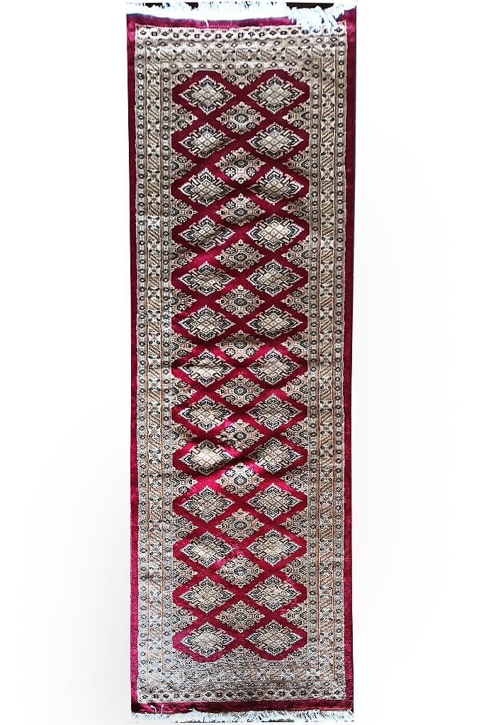 8' Handwoven Jaldar Bokara Runner Silky Wool Area Rug: 8' Handwoven Jaldar Bokara Runner Silky Wool Area Rug Free continental US Shipping Elevate your home decor with this luxurious 8-foot Jaldar Bokara Runner, meticulously handwoven from silky soft wool.