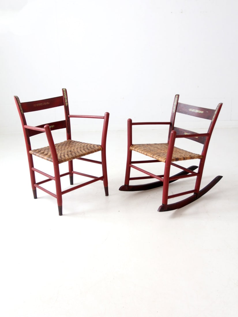 Antique Red Painted Chair Set Rocking Armchair with Floral Accents (1 of 17)
