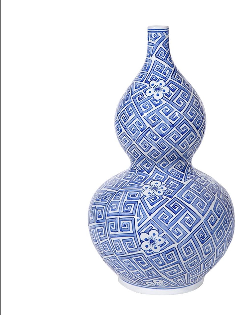 Handcrafted Blue White Greek Key Ceramic Gourd Vase 16H 9W 9D (1 of 5)