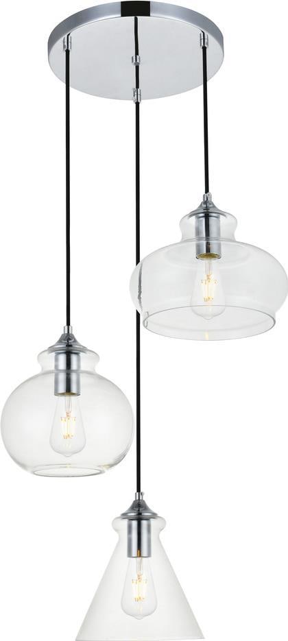 Elegant Lighting Chrome Pendant Light with Clear Glass Shades: Elegant Lighting Chrome Pendant Light with Clear Glass Shades Illuminate your space with this stylish chrome pendant light featuring clear glass shades. Designed in a transitional style, this pendant