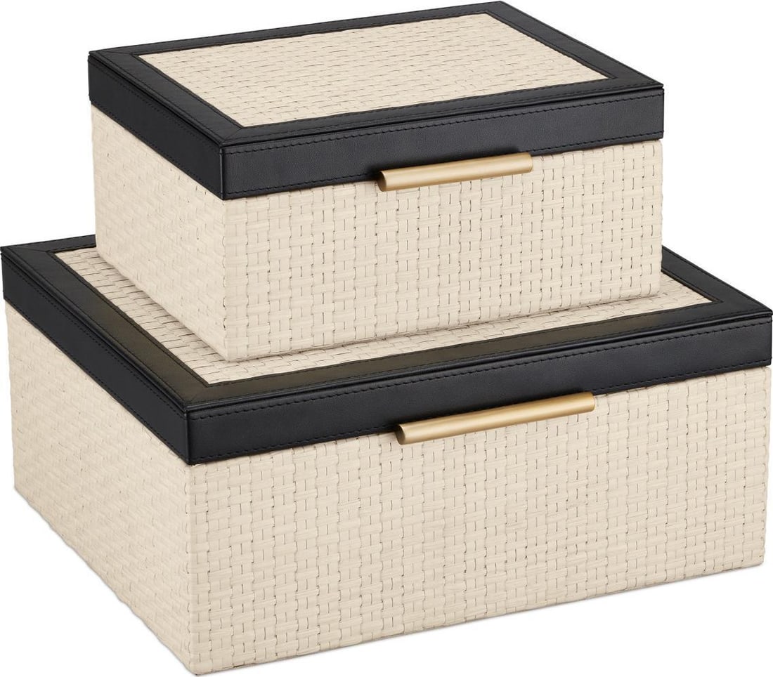 Currey DeAnna Box Set of 2 Antique Style Black Ivory: Currey DeAnna Box Set of 2 Antique Style Black Ivory Introducing the Deanna Box Set of 2, a perfect blend of elegance and functionality in a stunning black and ivory design. This set features a transi