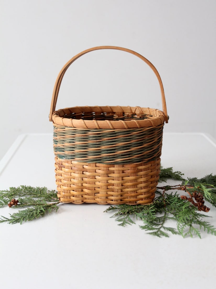 Rustic Vintage Splint Weave Basket with Green Accents (1 of 12)