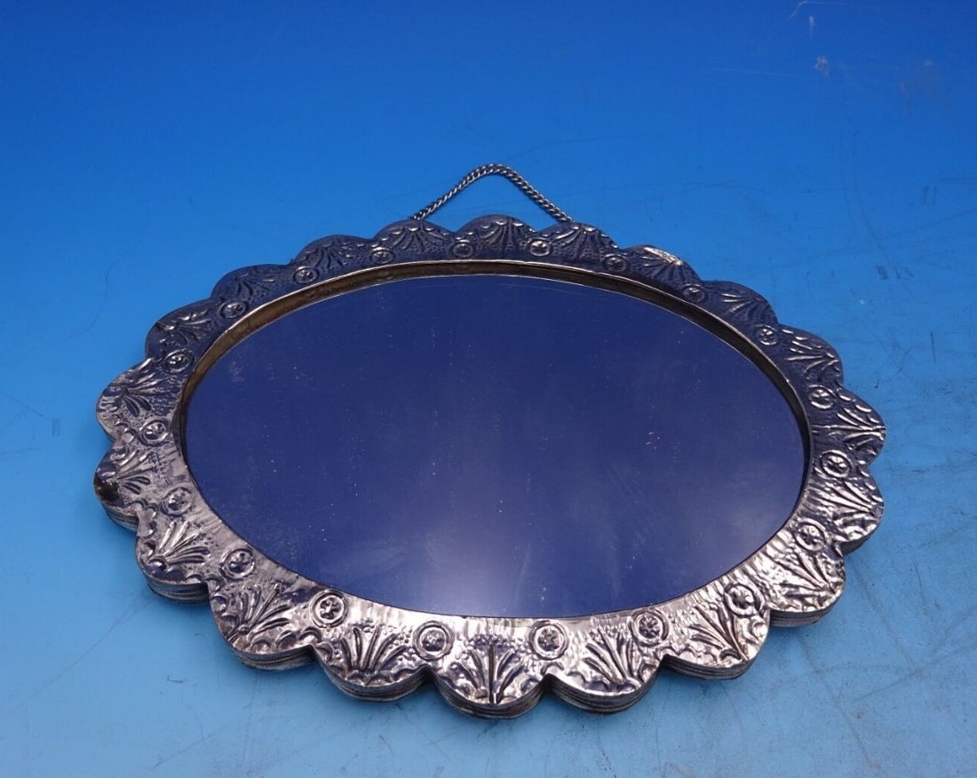 Elegant Asian Sterling Silver Oval Mirror with Chain 8 1/4 x 6 1/8 (1 of 11)