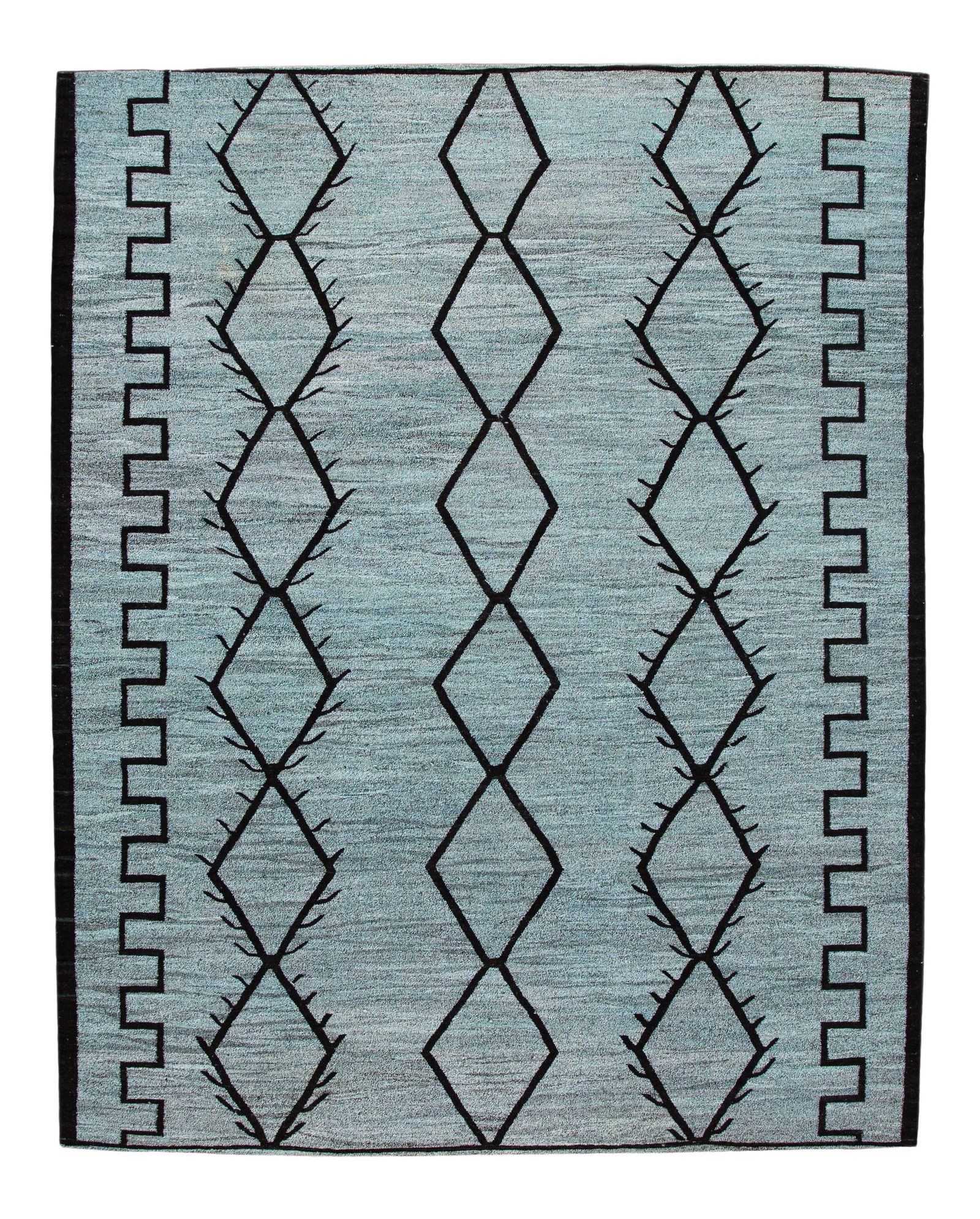 Modern Gray Wool Kilim Rug 9'6 x 11'9 Geometric Design: Modern Gray Wool Kilim Rug 9'6 x 11'9 Geometric Design This stunning hand-knotted modern Kilim rug features a captivating gray field with striking black accents, showcasing an allover geometric design