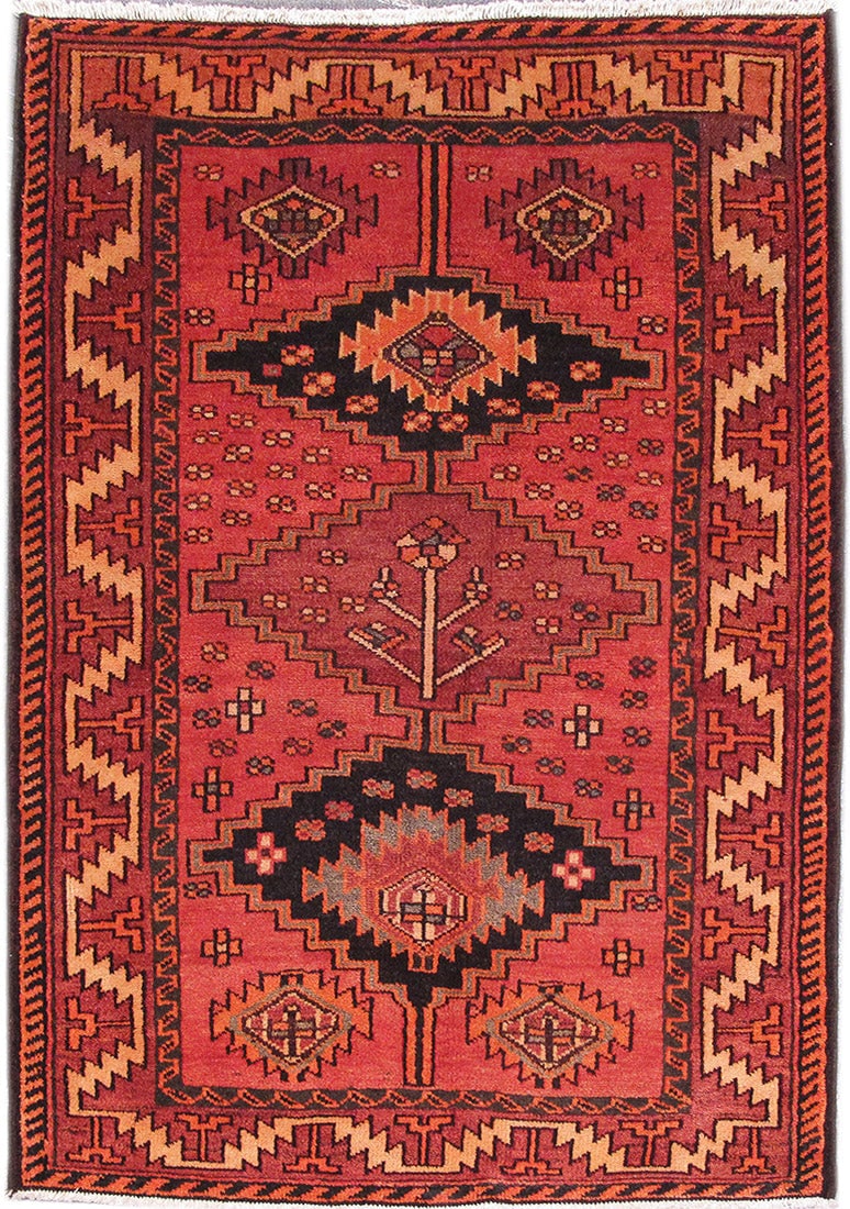 Handcrafted 4.4 x 6.2 Red Persian Hamadan Wool Area Rug: Handcrafted 4.4 x 6.2 Red Persian Hamadan Wool Area Rug Free continental US Shipping Enhance your living space with this stunning 4'4" x 6'2" Red Persian Hamadan Rug, handcrafted by skilled Persian ar