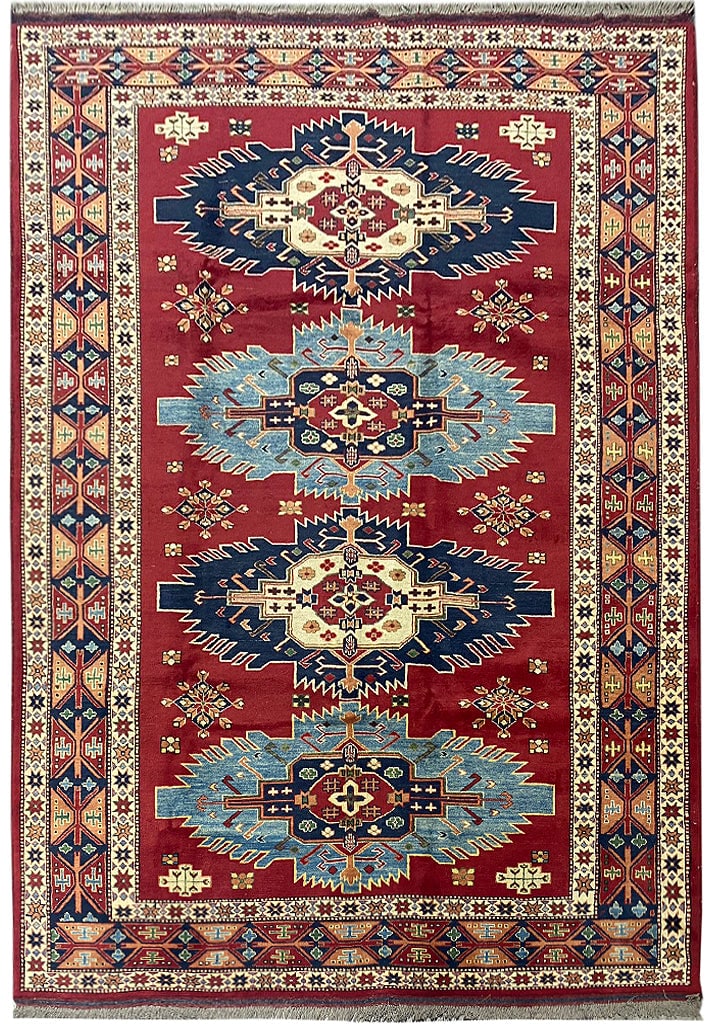 Handmade Kazak Area Rug 6.8 x 9 Premium Wool Red Ivory Green Blue (1 of 12)