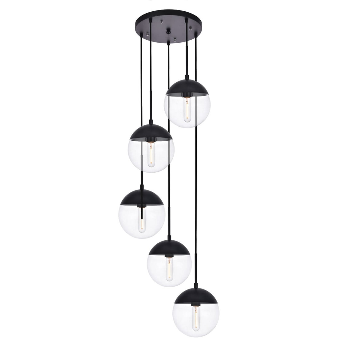 Eclipse 5-Light Black Pendant Chandelier with Clear Glass Shades: Eclipse 5-Light Black Pendant Chandelier with Clear Glass Shades Illuminate your space with this elegant 5-light black pendant chandelier, featuring striking clear glass shades that enhance any modern