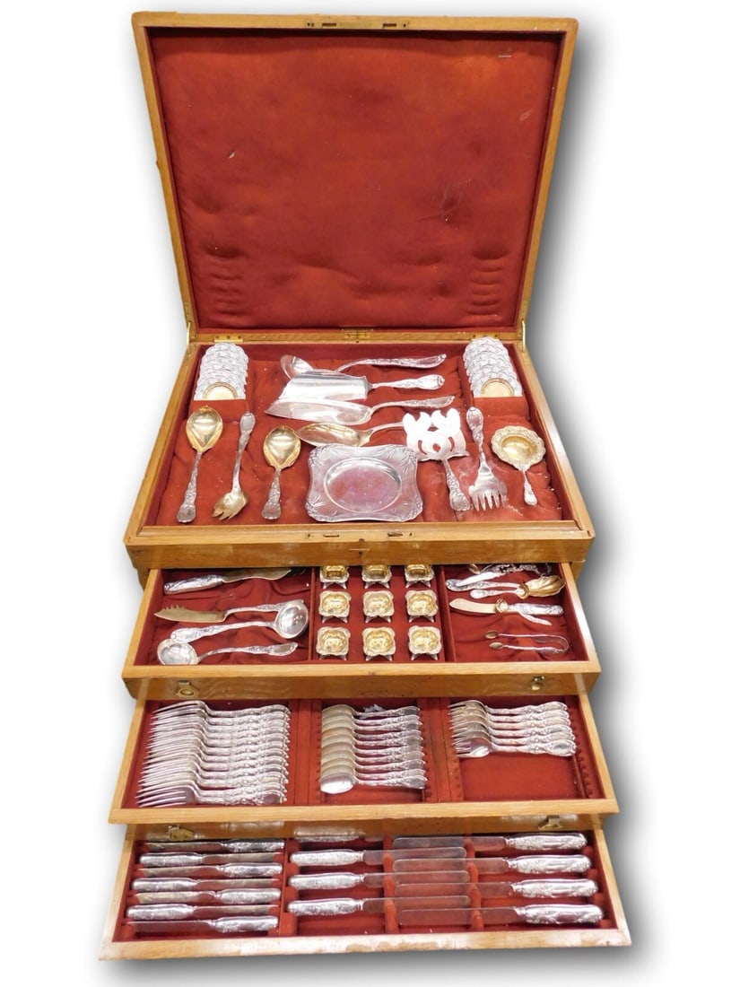 Tiffany & Co. Chrysanthemum Sterling Silver Flatware Set 255 pcs in Fitted Chest: Tiffany & Co. Chrysanthemum Sterling Silver Flatware Set 255 pcs in Fitted Chest This exquisite Chrysanthemum flatware set by Tiffany & Co. showcases the artistry of the Art Nouveau style, designed by