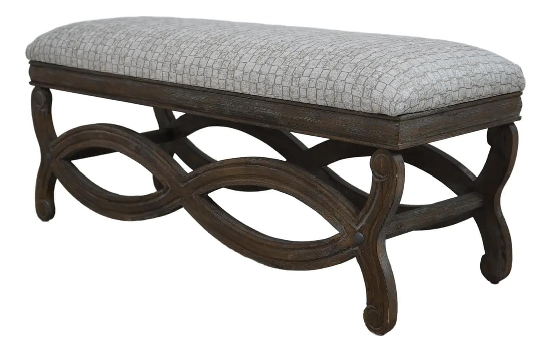 Rustic Gray Carved Frame Window Bench with New Upholstery (1 of 10)