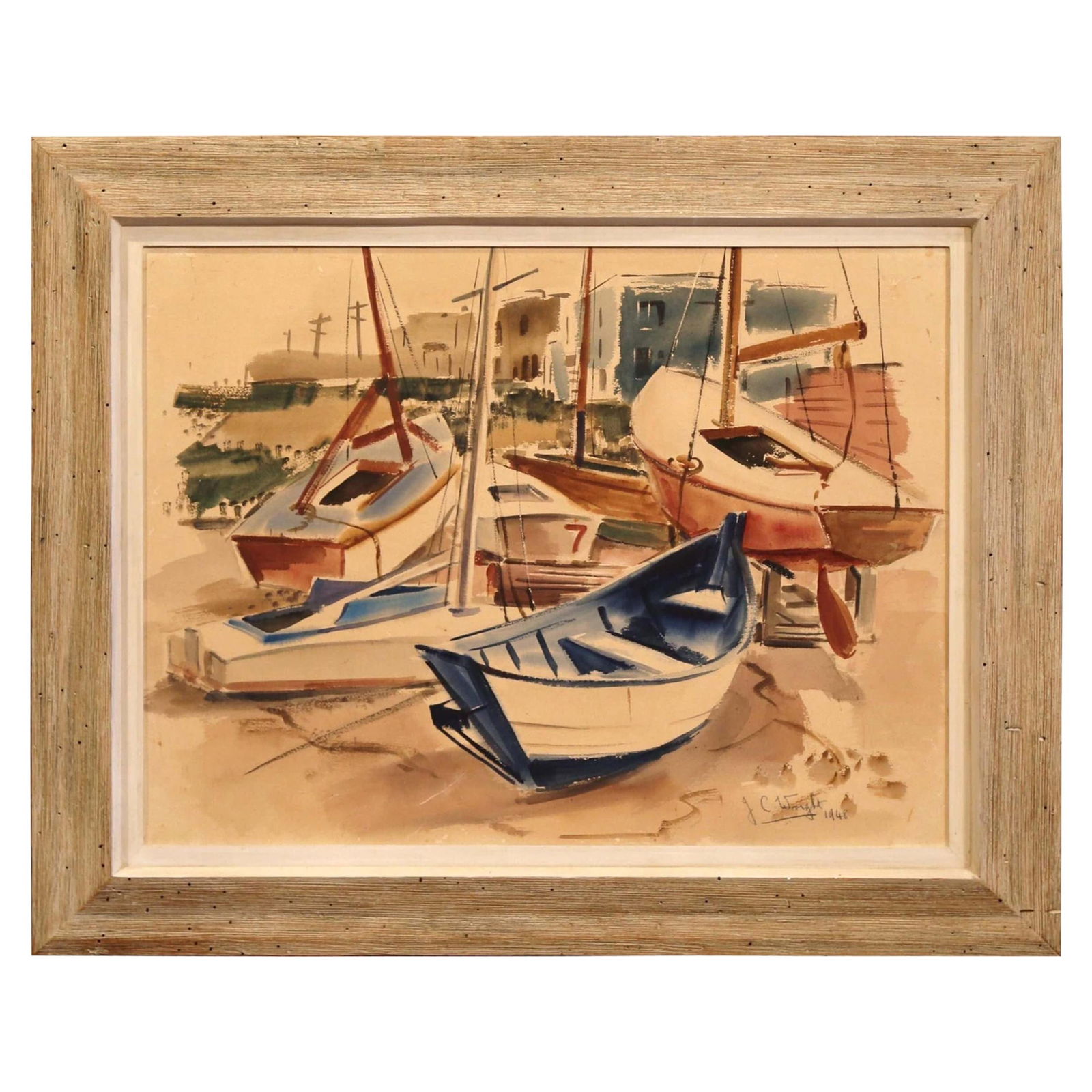 Midcentury English Oil Painting by J.C. Wright 1948 Sailboats in Harbor (1 of 7)