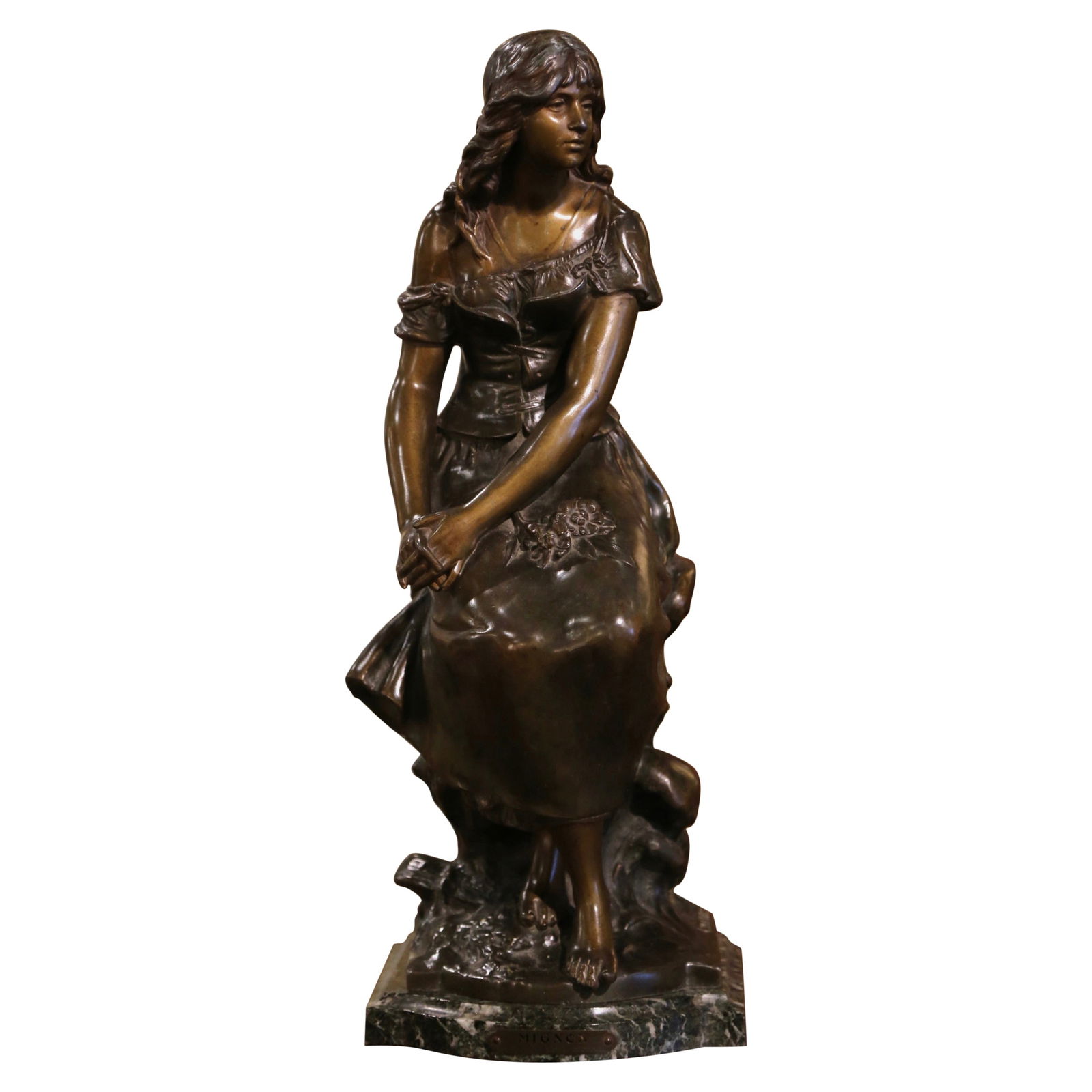 Auguste Moreau 19th Century Patinated Spelter Sculpture Young Woman: Auguste Moreau 19th Century Patinated Spelter Sculpture Young Woman This stunning 19th Century French sculpture beautifully captures the grace of a young woman seated on a trunk, with her hands elegan