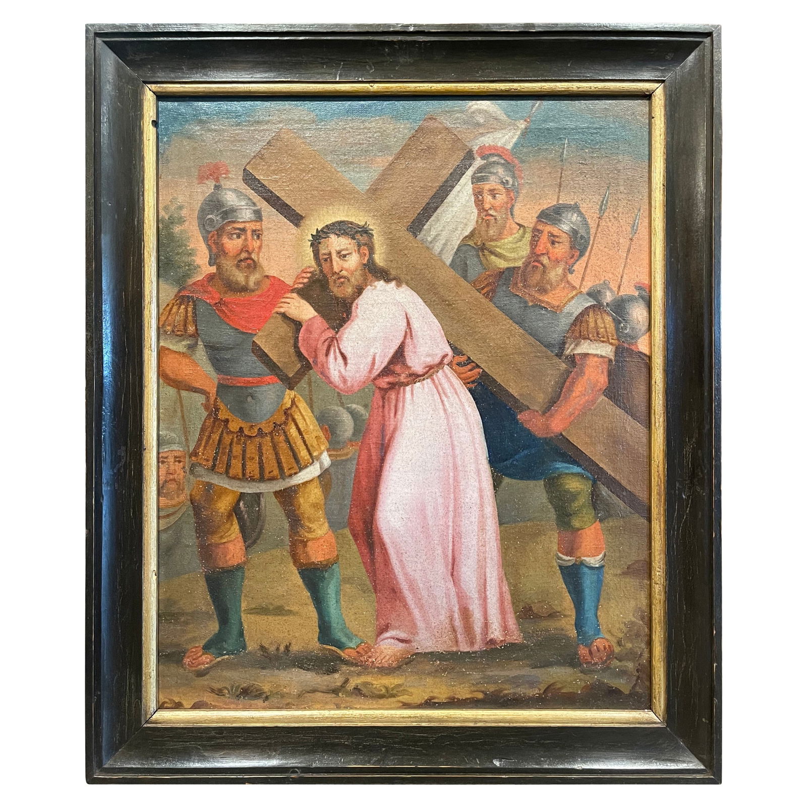18th Century French Hand-Painted Oil Canvas The Fifth Station of the Cross: 18th Century French Hand-Painted Oil Canvas The Fifth Station of the Cross This exquisite late 18th-century French oil painting on canvas depicts the 'Fifth Station of the Cross,' illustrating the mom