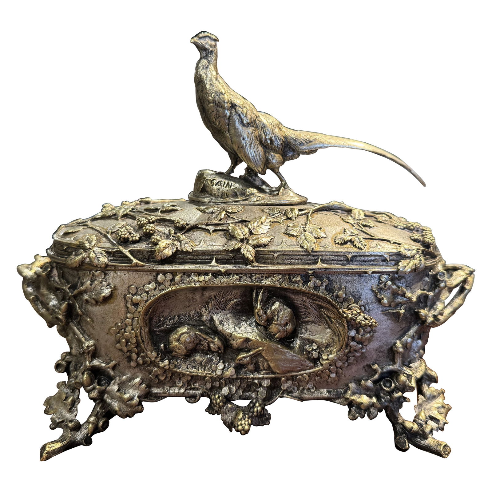 19th Century French Silvered Bronze Casket by A. Cain with Hunt Motifs: 19th Century French Silvered Bronze Casket by A. Cain with Hunt Motifs This exquisite 19th Century French silvered bronze casket showcases intricate hunt motifs and is a perfect addition to any decor.