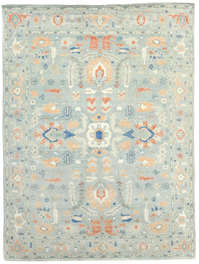 Floral Hand-Knotted Oushak Wool Rug 9'0 x 12'1: Floral Hand-Knotted Oushak Wool Rug 9'0 x 12'1 Enhance your living space with this exquisite hand-knotted floral Oushak rug. Measuring 9'0" x 12'1", this large area rug features a beautiful blend of m