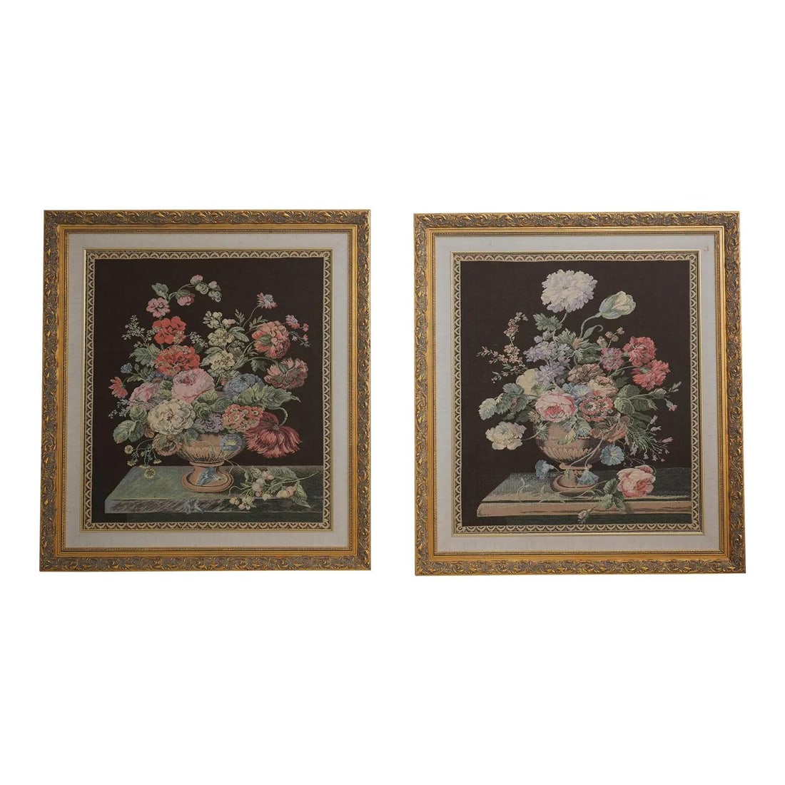 Exquisite Irish Floral Tapestry Art Pair in Gold Frames: Exquisite Irish Floral Tapestry Art Pair in Gold Frames Enhance your decor with this exquisite pair of Irish framed floral tapestry art, showcasing intricate tapestry work beautifully presented in ele