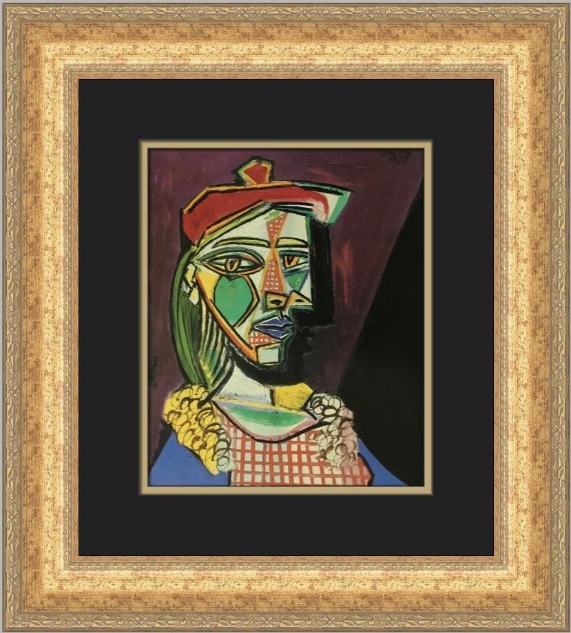 Pablo Picasso Woman with Cap Checkered Dress Custom Framed Art Print: Pablo Picasso Woman with Cap Checkered Dress Custom Framed Art Print This custom framed print by Pablo Picasso features the artwork titled "Woman with Cap and Checkered Dress." Measuring 19 inches in