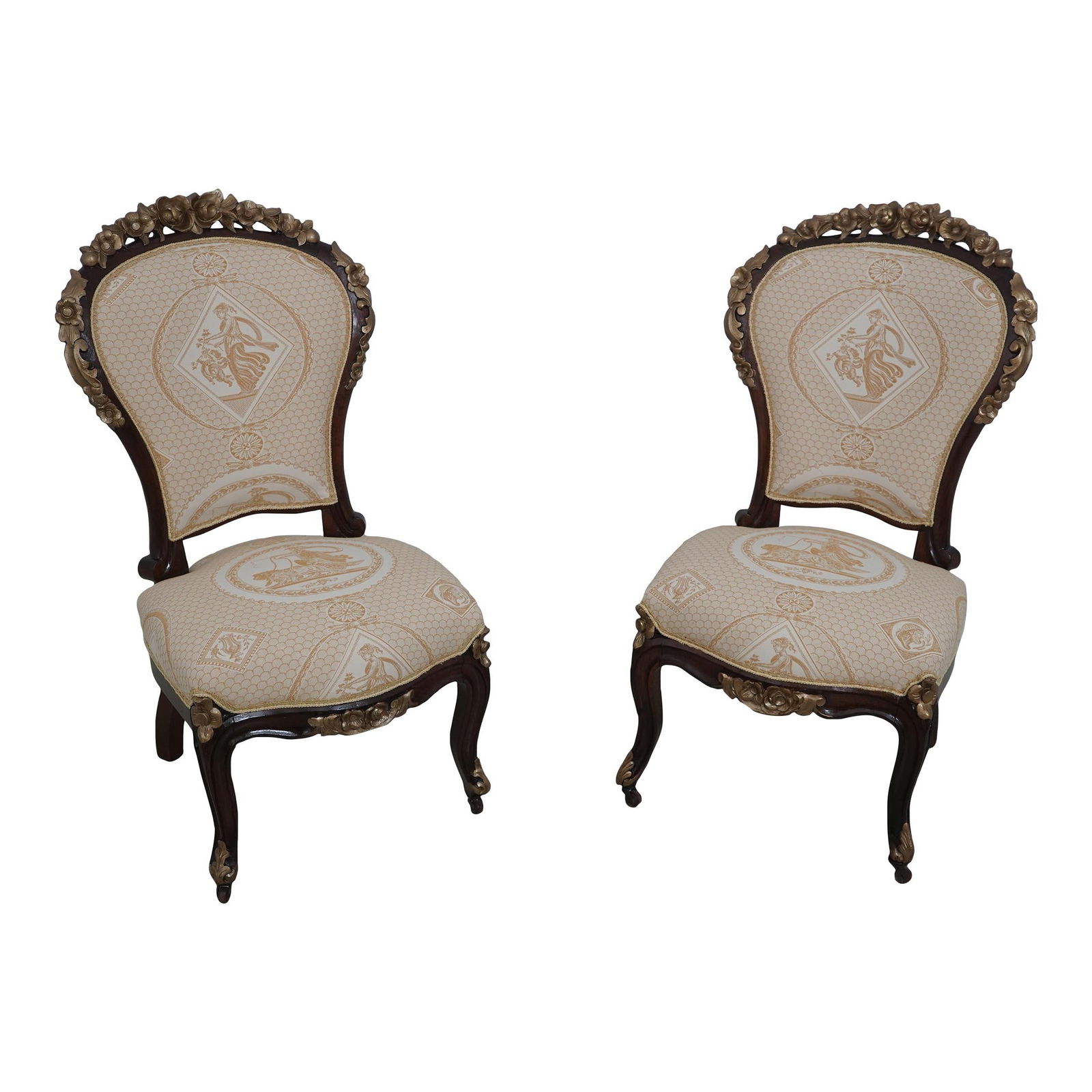 Exquisite Pair of Antique French Victorian Upholstered Chairs: Exquisite Pair of Antique French Victorian Upholstered Chairs This exquisite pair of Antique French Victorian Upholstered Parlor Chairs dates back to circa 1860-1890. The frames have been meticulously