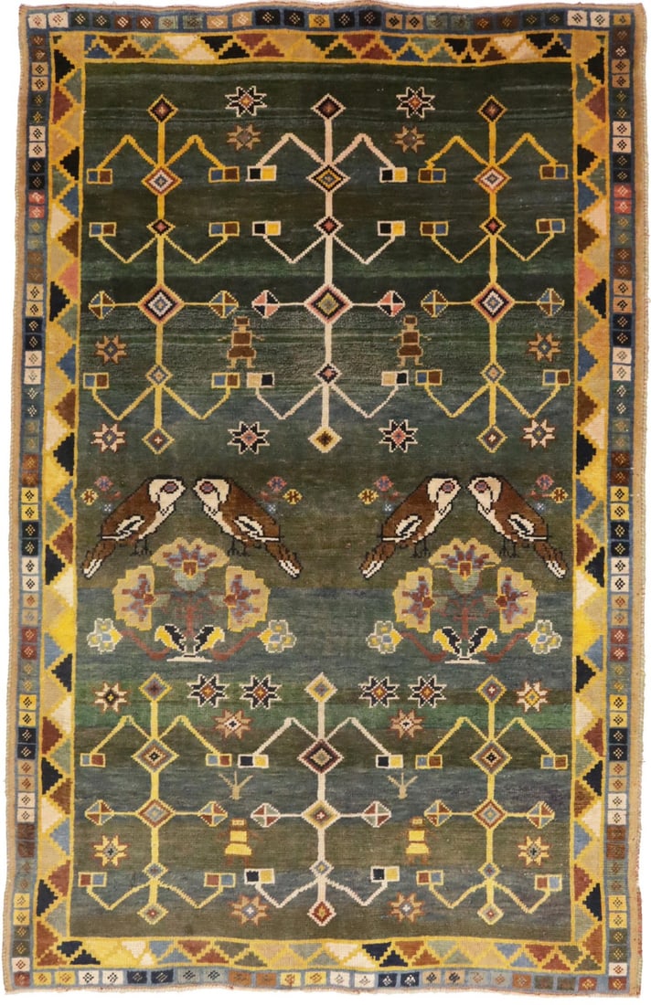 Rare Vintage 4x7 Gray Olive Tribal Handmade Wool Rug: Rare Vintage 4x7 Gray Olive Tribal Handmade Wool Rug Discover a unique blend of artistry and tradition with this rare vintage handmade tribal oriental rug. Crafted in Western Asia, this exquisite area