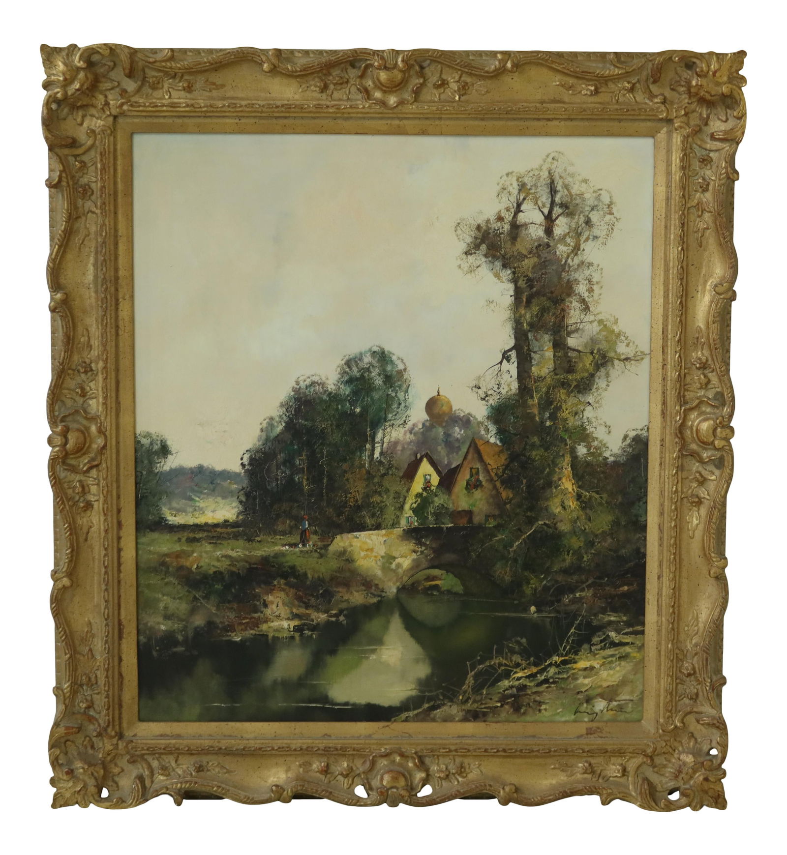Artist Signed Vintage European Meadow Scene Oil Painting in Gold Frame (1 of 10)
