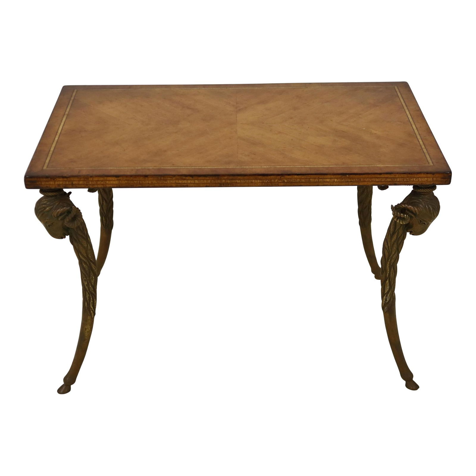 Regency Coffee Table with Bronze Rams Head Base Satinwood Finish: Regency Coffee Table with Bronze Rams Head Base Satinwood Finish This exquisite Regency Style Coffee Table features a beautifully crafted satinwood top that showcases high quality construction. The ta