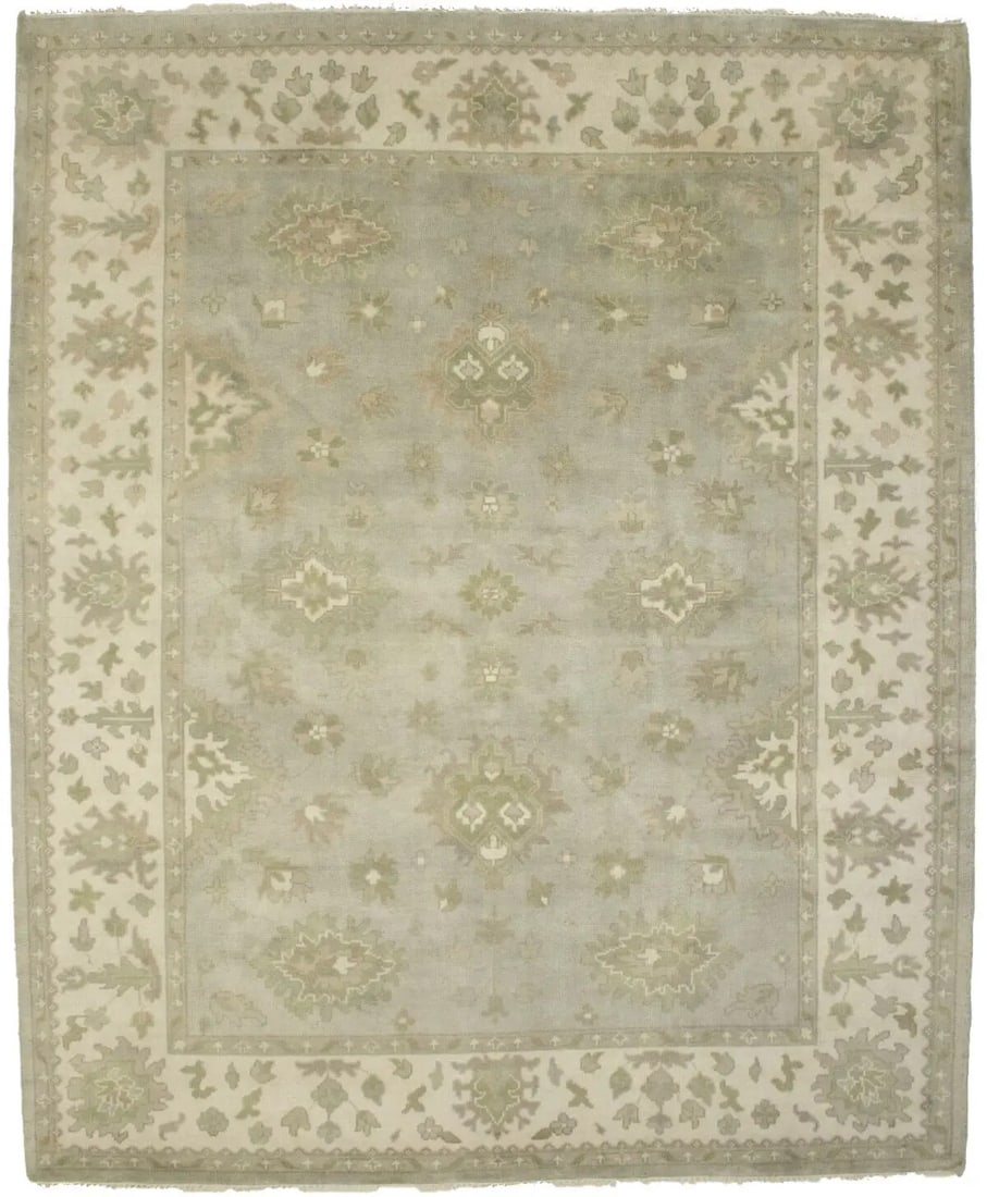 Large Vintage-Style Floral Oushak Rug 9'11 x 8'2 Wool Hand-Knotted: Large Vintage-Style Floral Oushak Rug 9'11 x 8'2 Wool Hand-Knotted Enhance your living space with this stunning Vintage-Style Light Gray Oushak Chobi Floral Rug, meticulously crafted to bring elegance