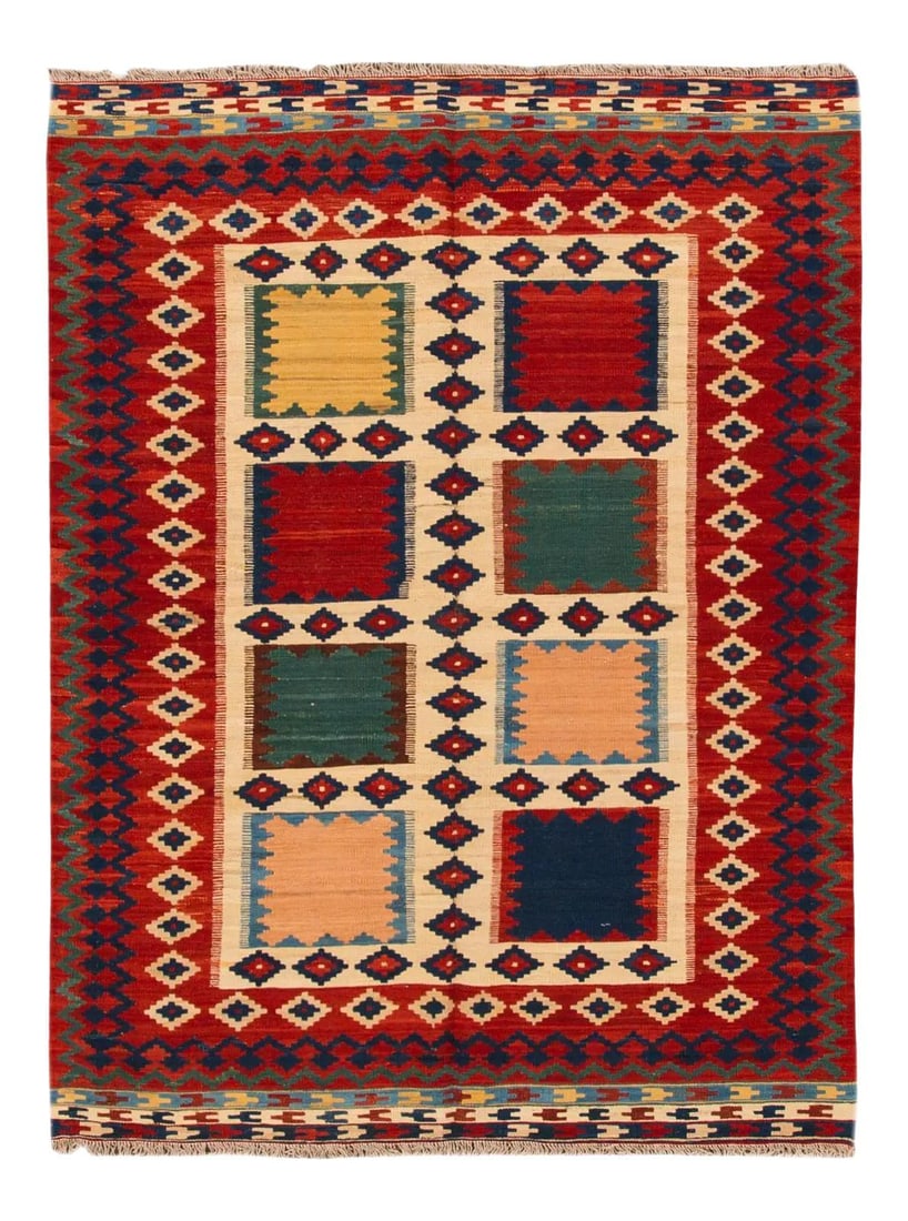 Geometric Red Wool Kilim Rug 5'1" X 6'9" Hand-Knotted: Geometric Red Wool Kilim Rug 5'1" X 6'9" Hand-Knotted Enhance your living space with this exquisite modern kilim flatweave wool rug. Featuring a striking geometric pattern, this hand-knotted piece sho