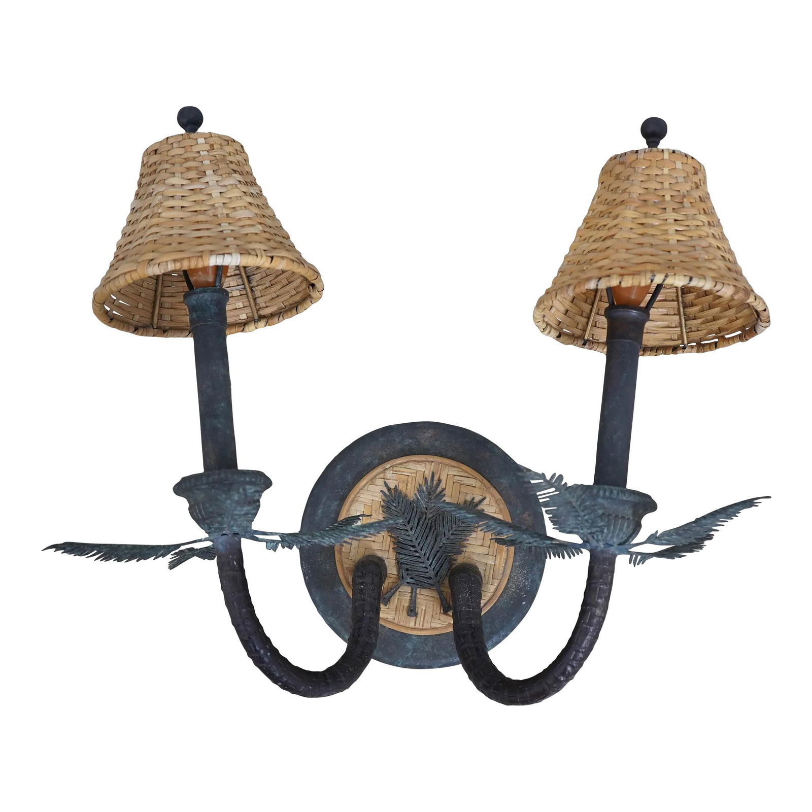 Maitland Smith Bronze Palm Tree Wall Sconce with Wicker Shades (1 of 8)