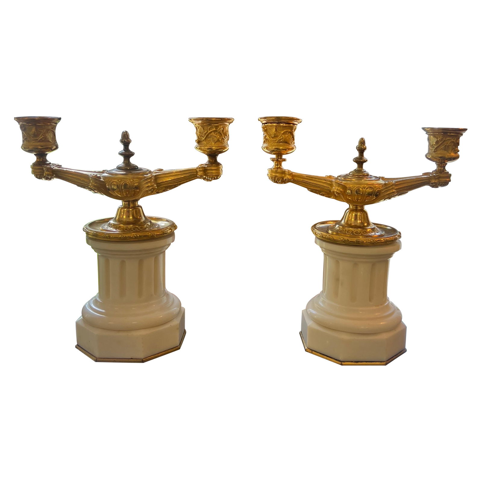 19th Century Italian Grand Tour Gilt Bronze Marble Candelabras Set of 2: 19th Century Italian Grand Tour Gilt Bronze Marble Candelabras Set of 2 This exquisite pair of 19th-century Grand Tour candelabras showcases a stunning neoclassical design, crafted from gilt bronze an