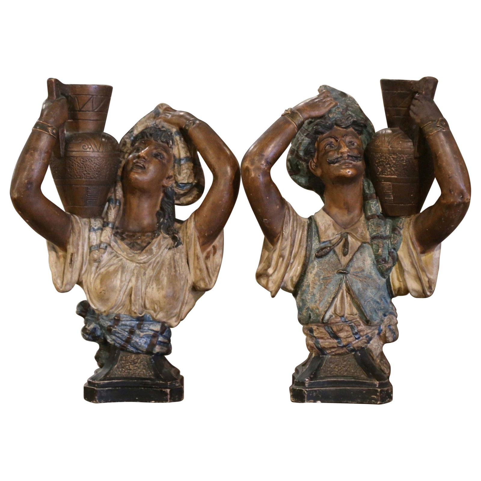 Set of 2 Early 20th Century Spanish Hand-Painted Terracotta Figurines: Set of 2 Early 20th Century Spanish Hand-Painted Terracotta Figurines This pair of early 20th century Spanish terracotta figurines showcases exquisite craftsmanship from circa 1920. Each figurine depi