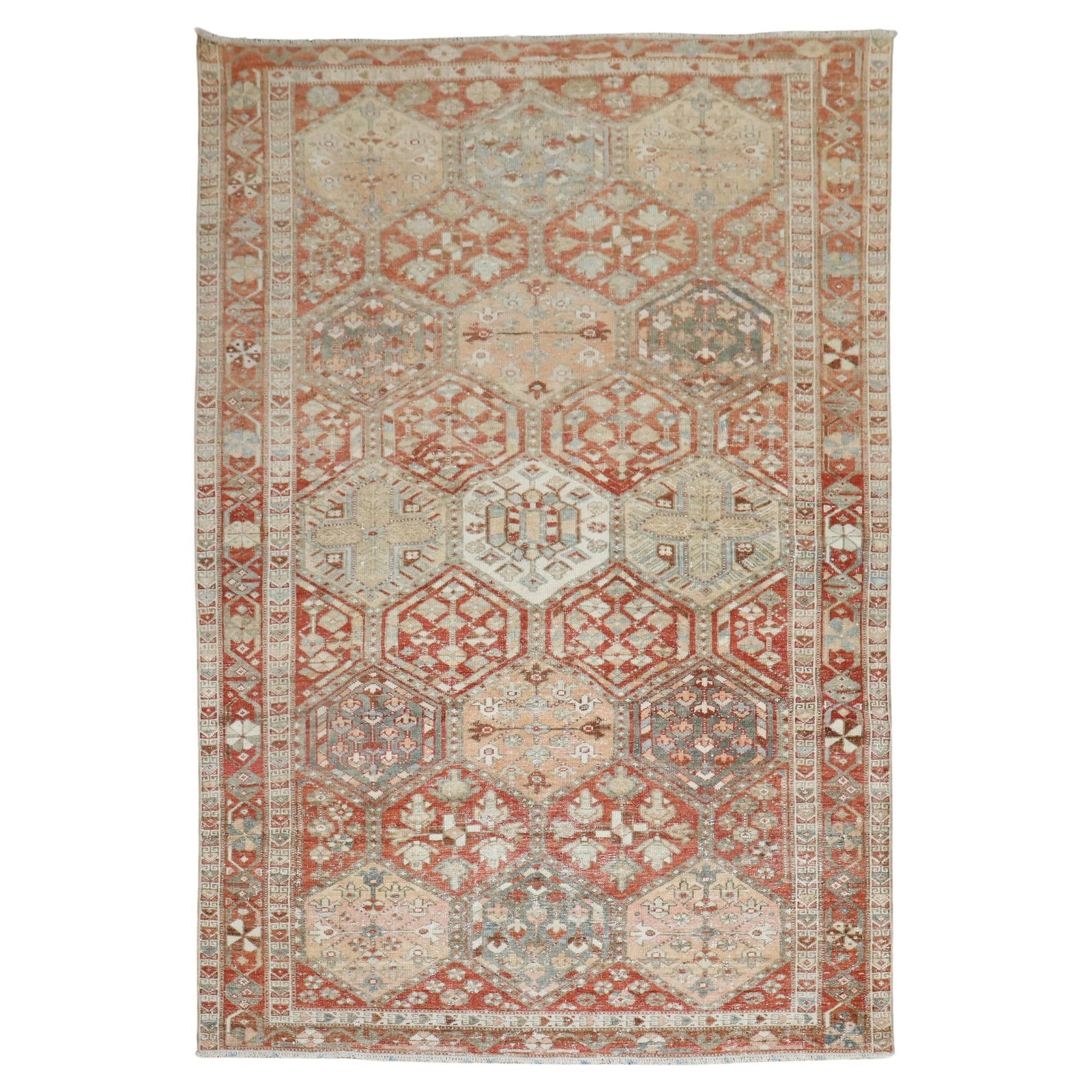 Zabihi Collection 1940 Persian Bakhtiari Hand-Knotted Rug 54x77: Zabihi Collection 1940 Persian Bakhtiari Hand-Knotted Rug 54x77 Discover the elegance of this Antique Garden Design Persian Bakhtiari Rug, a stunning piece that showcases intricate geometric accents w
