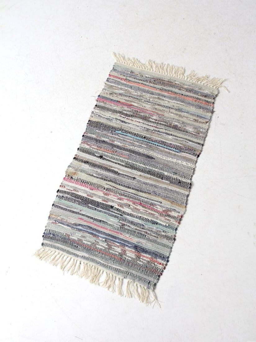 Vintage Farmhouse Rag Rug in Pastel Tones with Cream Fringe 42 x 20.5: Vintage Farmhouse Rag Rug in Pastel Tones with Cream Fringe 42 x 20.5 Enhance your home decor with this Vintage Farmhouse Rag Rug, perfect for adding a cozy, timeworn charm to any farmhouse or cottage