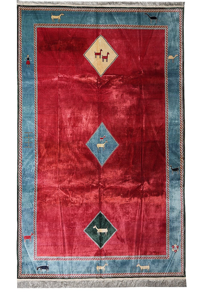 Handmade Gabba Silk Area Rug 7 x 10.3 Feet Red Blue Geometric: Handmade Gabba Silk Area Rug 7 x 10.3 Feet Red Blue Geometric Free continental US Shipping Discover the elegance of this exquisite handmade Gabba rug, measuring 7 x 10.3 feet. This area rug showcases