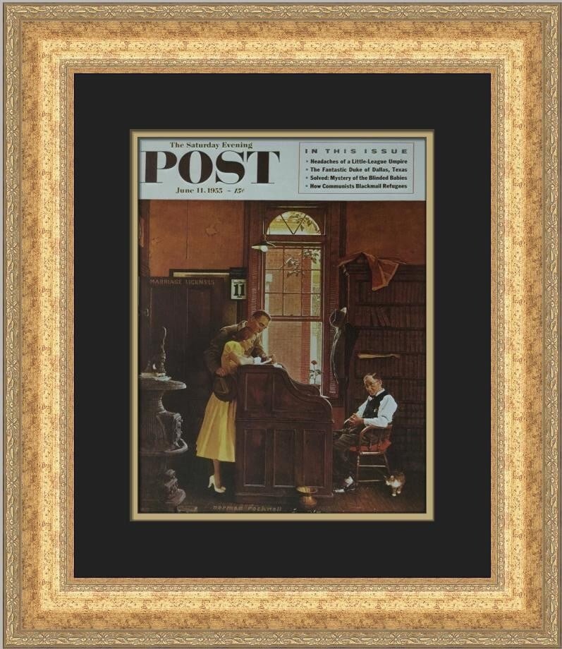 Norman Rockwell The Marriage License Custom Framed Print 1983: Norman Rockwell The Marriage License Custom Framed Print 1983 This exquisite custom framed print features Norman Rockwell's iconic artwork titled "The Marriage License." Measuring 21 in. by 18 in., th