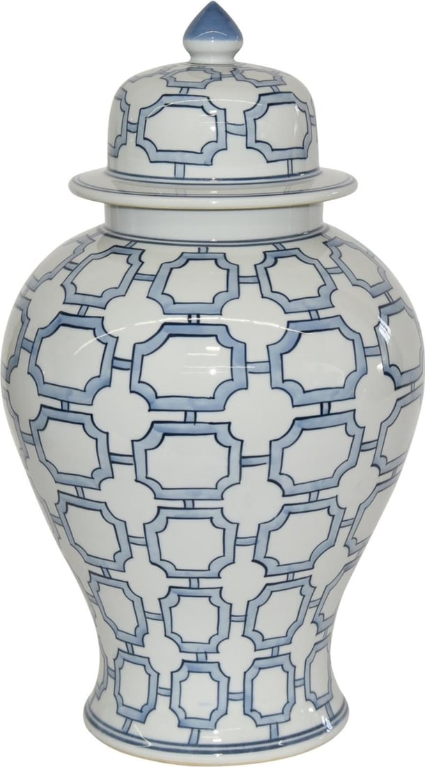 Handmade Octagonal Chinoiserie Blue White Ceramic Temple Jar: Handmade Octagonal Chinoiserie Blue White Ceramic Temple Jar Introducing an elegant octagonal blue and white ceramic jar, showcasing a stunning Chinoiserie style. This handmade temple jar is not only