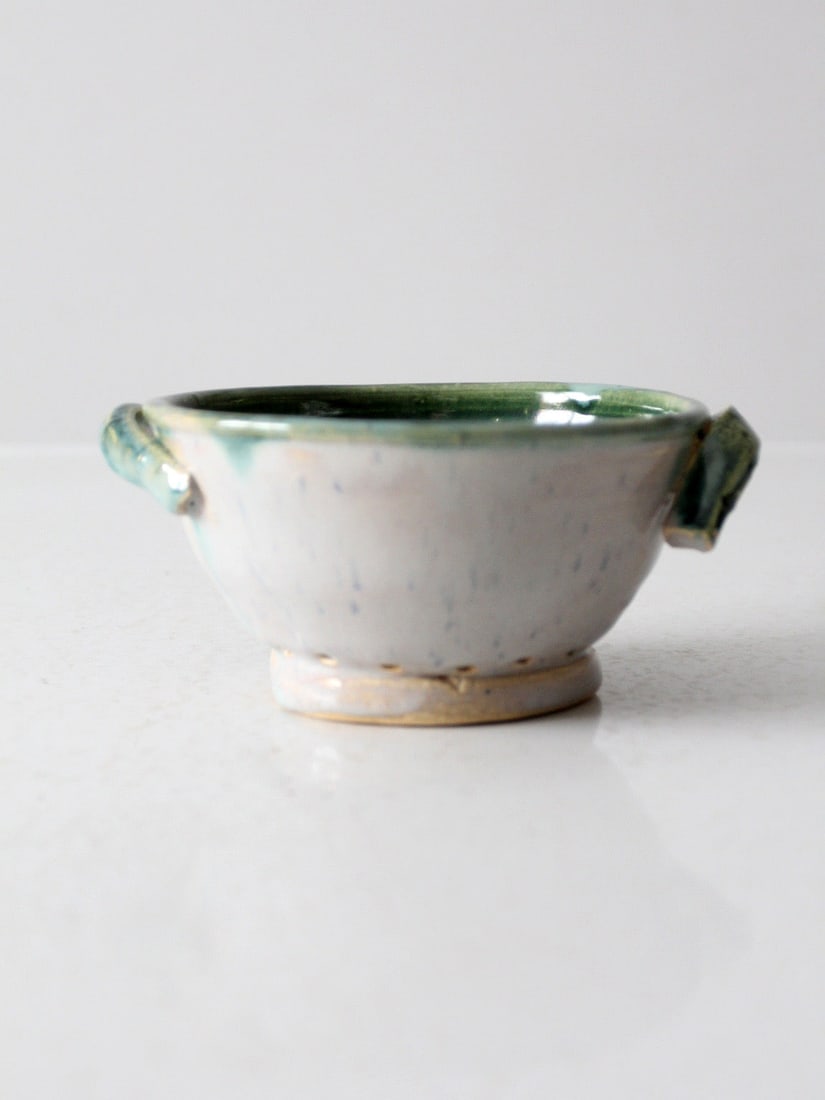 Handmade Vintage Studio Pottery Colander Gray Green Glaze (1 of 10)