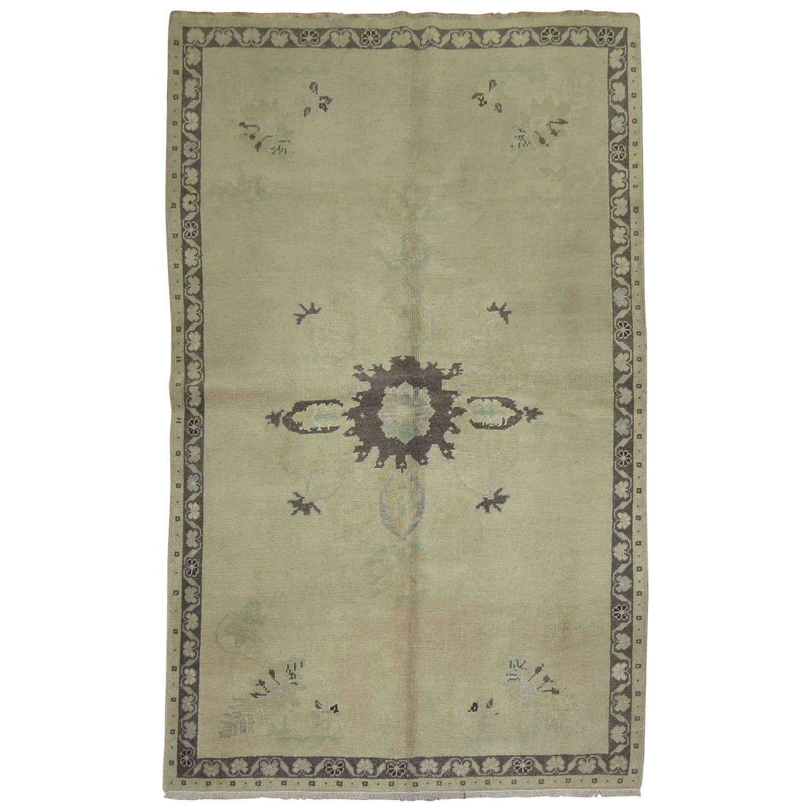 Vintage Turkish Oushak Rug Hand-Knotted Wool 4'6 x 6'7 Schoolhouse Style: Vintage Turkish Oushak Rug Hand-Knotted Wool 4'6 x 6'7 Schoolhouse Style Experience the timeless elegance of this vintage Turkish Oushak rug, crafted in the mid-20th century. Featuring a traditional m