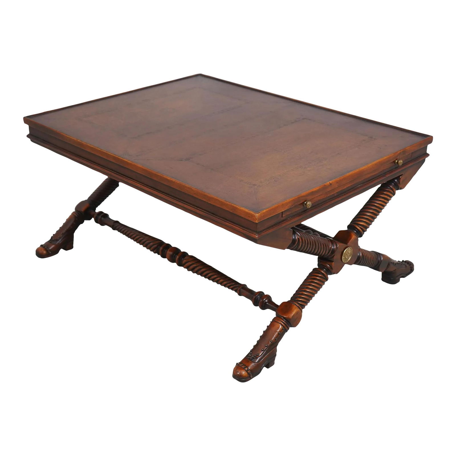 Theodore Alexander Brown Leather Top Coffee Table with Brass Feet: Theodore Alexander Brown Leather Top Coffee Table with Brass Feet This Theodore Alexander coffee table features a high-quality construction with an impressive leather top, showcasing exquisite tooling