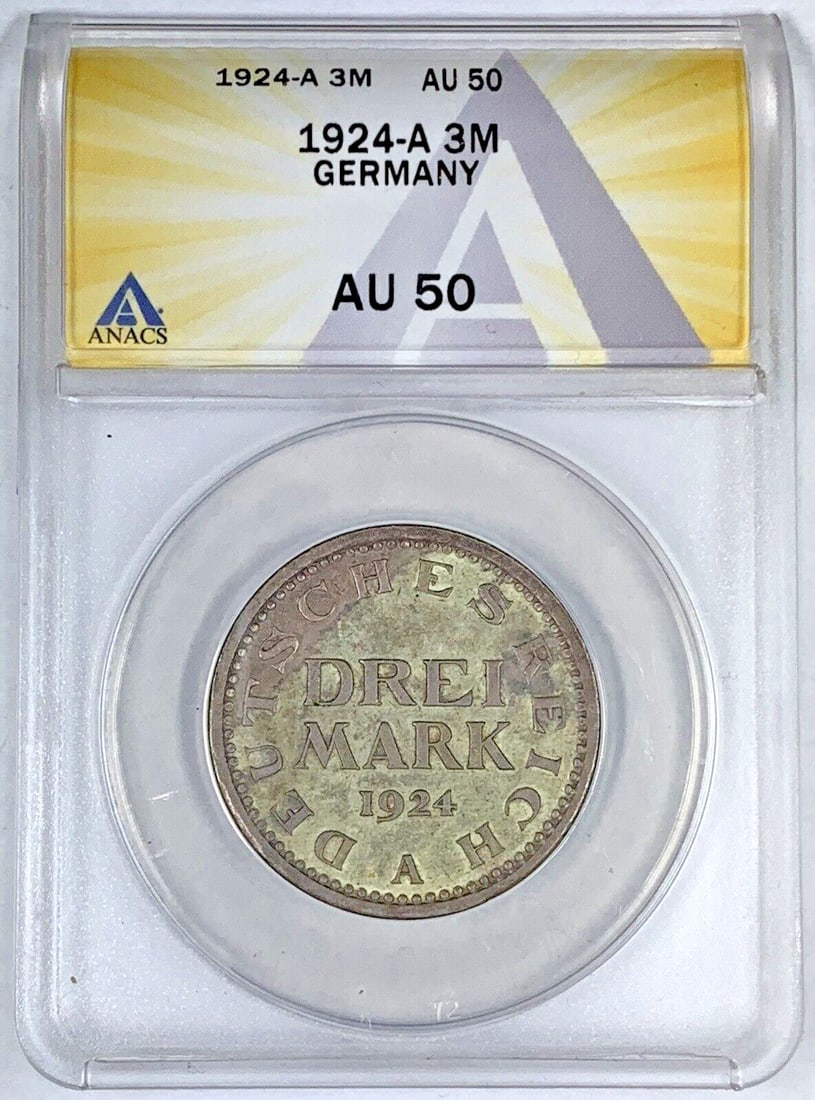 1924-A Germany 3 Marks Coin ANACS AU 50 Certified: 1924-A Germany 3 Marks Coin ANACS AU 50 Certified This 1924 3 Marks coin from Germany is a noteworthy collectible. It holds a grade of AU 50, certified by ANACS, indicating its excellent condition. Th