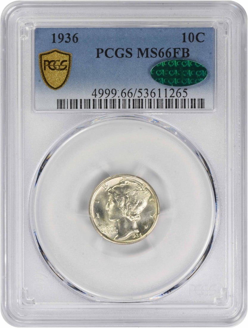 1936 Mercury Dime MS66FB Certified by PCGS With CAC Endorsement: 1936 Mercury Dime MS66FB Certified by PCGS With CAC Endorsement This 1936 Mercury Dime was struck in Philadelphia and is composed of 90% silver and 10% copper. Graded MS66FB by PCGS and verified by CA