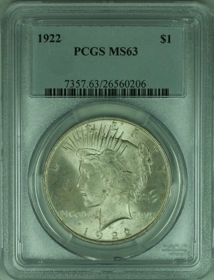 1922 Peace Silver Dollar Coin PCGS MS63 Uncirculated: 1922 Peace Silver Dollar Coin PCGS MS63 Uncirculated This 1922 Peace Silver Dollar $1 Coin is certified by PCGS and graded MS 63, indicating its uncirculated condition. Minted in Philadelphia, this co